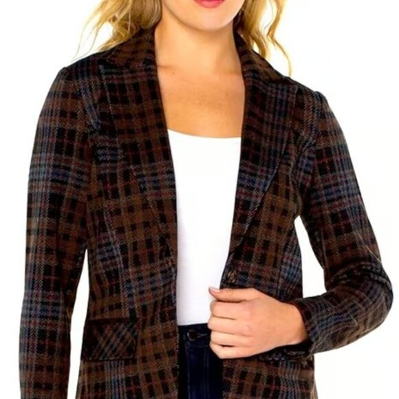 Liverpool Los Angeles Tartan Plaid Notched Blazer Brown and Blue Coat Sz Small - Picture 1 of 6